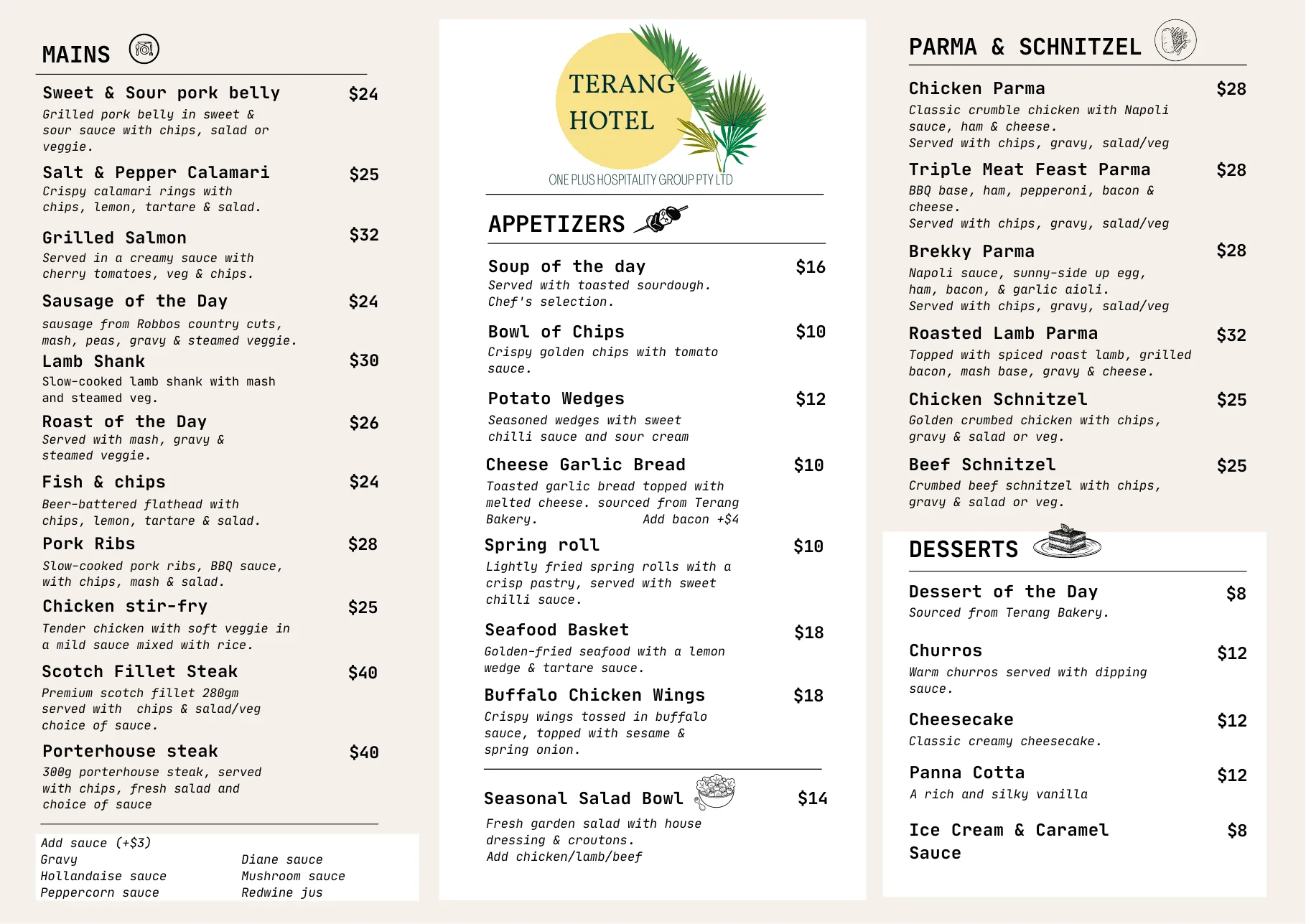 Preview of bistro menu page 1, including mains, appetisers, parmas, schnitzels and desserts