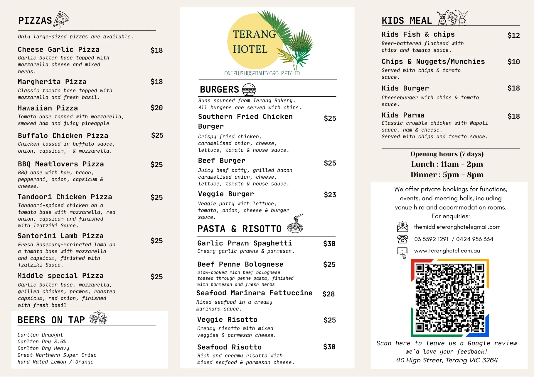 Preview of bistro menu page 2, including pizzas, burgers, pasta, risotto and kids meals
